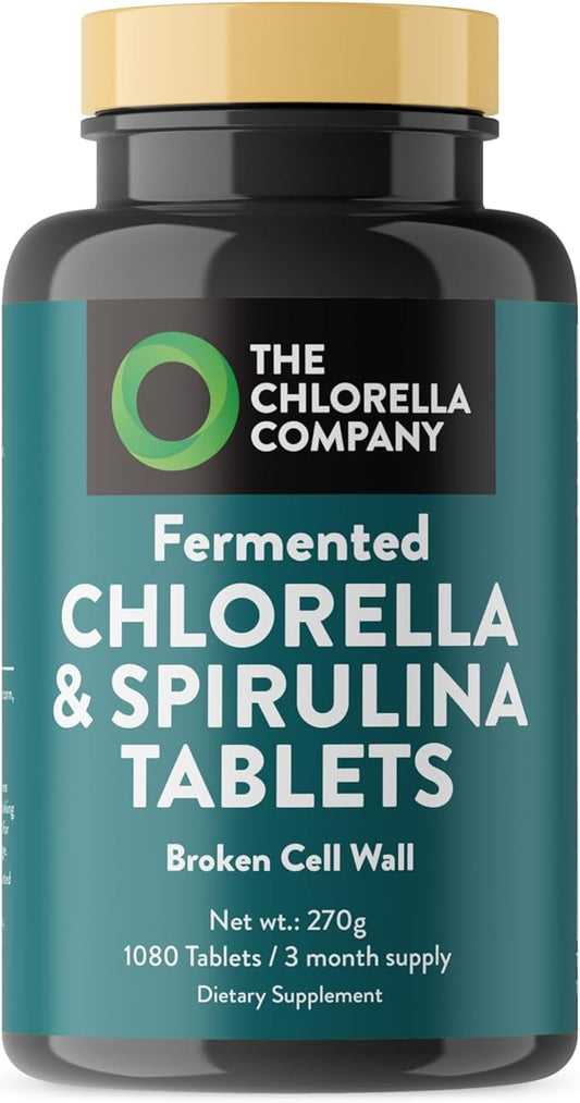 | Fermented Chlorella & Spirulina Tablets | Broken Cell Wall | 1,080 Tablets | Chlorophyll | Supergreens | Gluten-Free | Vegan | Non-GMO