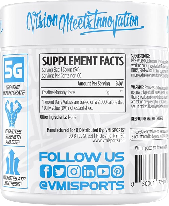 VMI Sports Creatine Monohydrate Unflavored Powder Muscle Mass – Strength – Size – Power | 5 Grams per Serving (300 Grams)