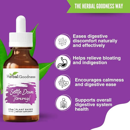 Herbal Goodness Settle Down Tommy - Organic Digestive Support & Gut Balance Supplement | Supports Belly Bliss & Balanced Gut with Ginger, Lemon Balm, Mango Leaf, Nettle, | 2 fl oz