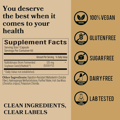 DAIKEN Nattokinase 5,000 FU, High Potency Nattokinase Supplement, Non-GMO & Vegan, Lab Tested, 60 Capsules (Pack of 2)