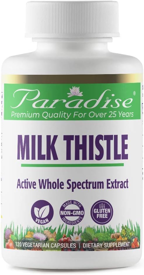 Paradise Herbs Milk Thistle, Active Whole Spectrum Extract, Super Potent, Ultra Pure, Vegan, Non GMO, Gluten Free, 120 Vegetarian Capsules