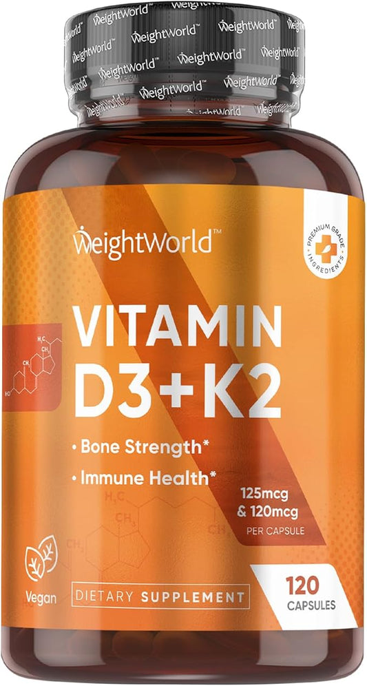 WeightWorld Vitamin D3 K2 - Vitamin D3 5000 IU (125mcg) & K2 MK7 (120mcg) - 120 Capsules (4 Months Supply) - Vegan Vitamin D Supplement for Bone Strength & Immune Health - Easy to Swallow