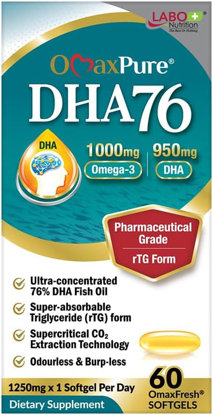 LABO Nutrition OmaxPure DHA76 Omega 3 Fish Oil, Ultra-Concentrated 76% 950mg DHA, EPA, 60 Count, Pharmaceutical Grade, Supercritical CO2 Extracted rTG Form, for Heart, Joint, Brain & Immune Health