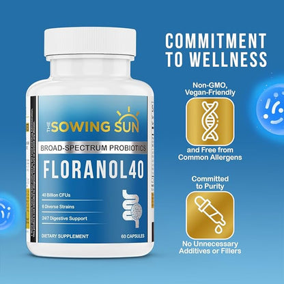 Floranol40 Probiotic Supplement for Gut Support, 6 Diverese Strains for Healthy Gut Flora, with Lactobacillus, Bifidobacterium, Fructooligosaccharide & Marine Polysaccharide Complex 60 Capsules (1)