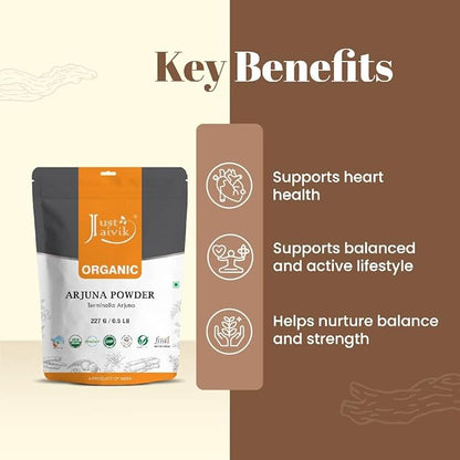 Just Jaivik 100% Organic Arjuna Bark Powder (Terminalia Arjuna) 1/2 LB, 08 oz, 227g USDA Certified Organic- Biodegradable Resealable Zip Lock Pouch Traditional rejuvenative and Tonic for The Heart*