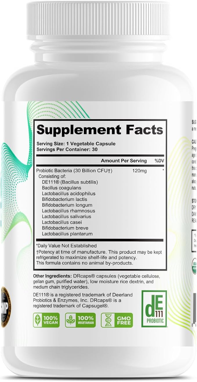 Gut Probiotic 30 Billion CFU with DE111® & 10 Strains - High Potency Probiotic Supplement for Digestive Health, Immune System Support, Enhanced Nutrient Absorption - Non-GMO, 30 Vegetarian Capsules