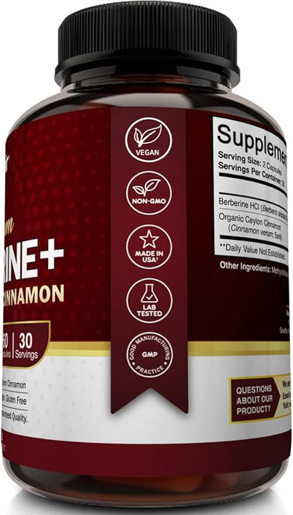 NutriFlair Premium Berberine HCL 1200mg, 60 Capsules - Plus Pure True Ceylon Cinnamon, Berberine HCI Root Supplements Pills - Immune System - yields an Optimal 8% Berberine