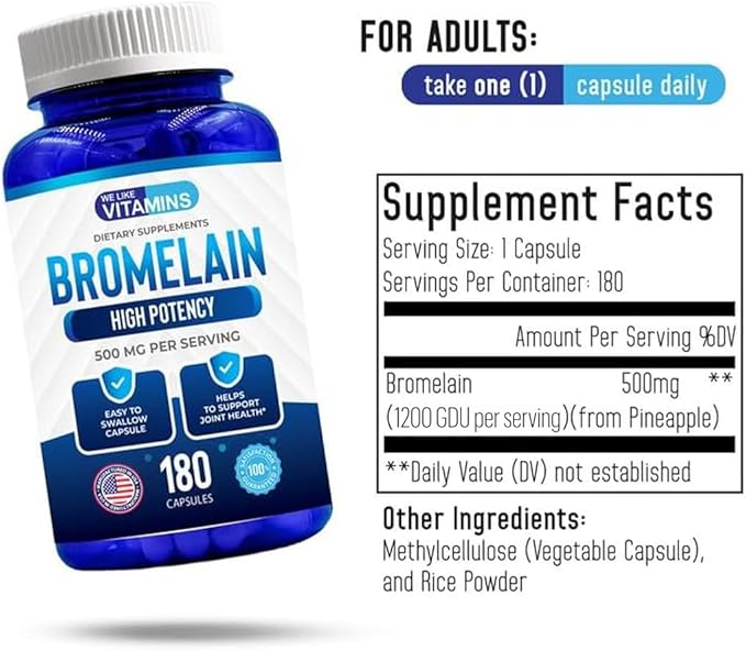 We Like Vitamins Bromelain 500mg Capsules - 1200 GDU/Serving - Bromelain Supplement from Pineapple Extract - Proteolytic Enzymes for Digestion, Absorption, Joint Pain, Muscle Soreness - 180 Capsules