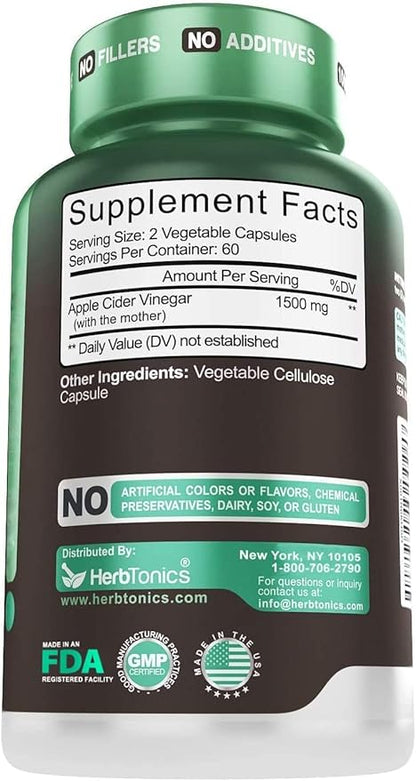 Herbtonics Raw Apple Cider Vinegar Capsules 1500mg with Mother | Weight Management, Detox & Digestion Formula with GLP-1 Support | Unfiltered ACV for Metabolic Support | 240 Vegan Capsules