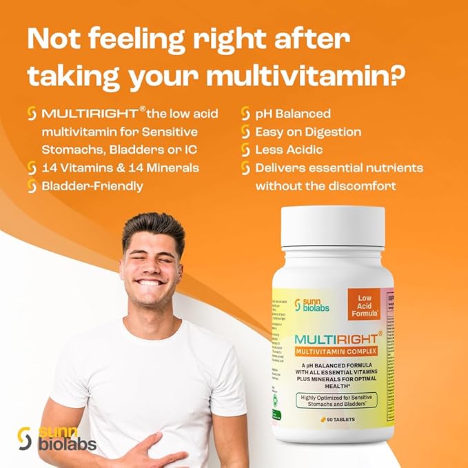 MULTIRIGHT | LOW ACID MULTIVITAMIN for Sensitive Stomachs, Bladders or IC | 14 Vitamins & 14 Minerals | Bladder-Friendly, pH Balanced | Easy on Digestion-Less Acidic | Buffered Vitamin C | 90 Tablets