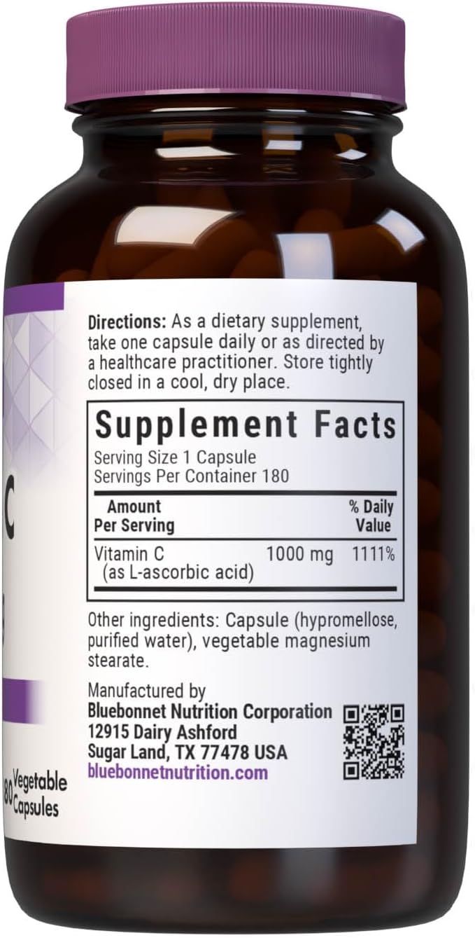 Bluebonnet Nutrition Vitamin C 1000 Mg Vegetable Capsules, Ascorbic Acid, for Immune Skin Health, Vegan, Vegetarian, Non GMO, Gluten, Soy & Milk Free, Kosher, 180 Count