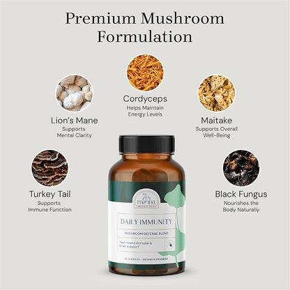 Daily Immunity - Mushroom Supplement Capsules with Lion’s Mane, Turkey Tail, Cordyceps, Reishi - Brain Support, Focus, Energy & Immune Booster - 60 Ct