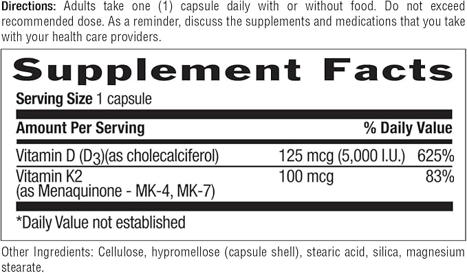 Country Life Vegan D3 + K2 – 5000 IU Vitamin D3 & 100 mcg MK-4 & MK-7 | Supports Bone, Immune, Colon & Artery Health | Certified Vegan, Gluten-Free, B-Corp, 60 Capsules