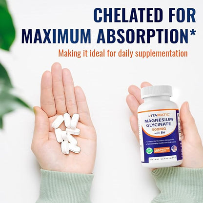 Vitamatic Magnesium Glycinate 500mg per Tablet - 180 Vegetarian Tablets (Uncoated) - Added B6 for Maximum Absorption - Supports Muscle, Joint, and Heart Health* 2 Packs