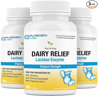 Puregen Labs Dairy Relief Natural Fast Acting Lactase Enzyme 3000 FCC, Lactose Intolerance Pills | 3 Pack - 270 Caplets Total