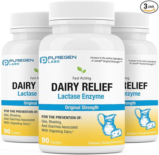 Puregen Labs Dairy Relief Natural Fast Acting Lactase Enzyme 3000 FCC, Lactose Intolerance Pills | 3 Pack - 270 Caplets Total