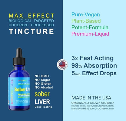 Sober Liver 2oz. Plant-Based Liver Cleanse and Detox Support + 100% Natural Hydration Liver Health Supplement Reishi Milk Thistle Rhodiola + Vegan 15 Herbals Fast Absorb Tincture Liquid