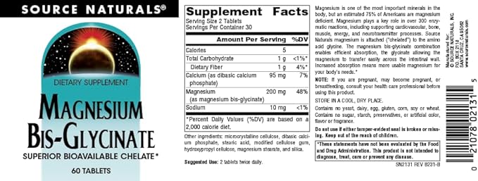 Source Naturals Magnesium Bis-Glycinate, Superior Bioavailable Chelate* - 60 Tablets