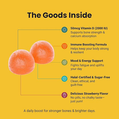 Halal Certified Vitamin D3 Gummies 2000 IU - Sugar-Free, Vegan, & High Absorption - Cholecalciferol Supplement - Tasty Gummies for Adults and Kids