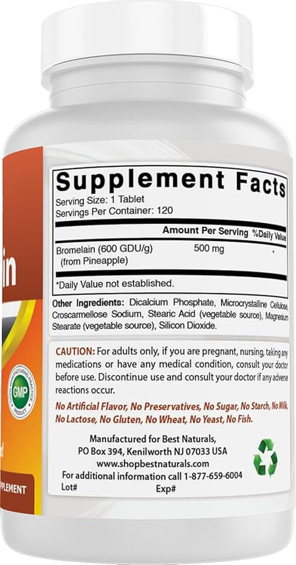 Best Naturals Bromelain Proteolytic Digestive Enzymes Supplements, 500 mg, 120 Tablets - Supports Healthy Digestion, Joint Health, Nutrient Absorption