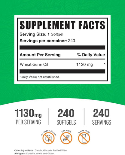 BulkSupplements.com Wheat Germ Oil Softgels - Wheat Germ Oil Supplement, Wheat Germ Oil 1130mg - Nutritional Supplement & Soy Free, 1 Softgel per Serving, 240 Softgels (Pack of 1)