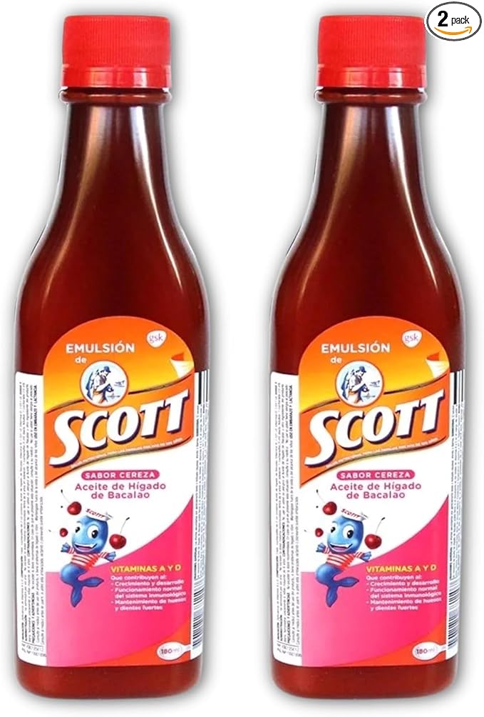 Yahve - Emulsion de Scott Aceite de hígado de bacalao sabor Cereza - Pack de 2 de 6.1 fl oz - 180 ml - Suplemento dietético para niños con vitamina A y Calcio.