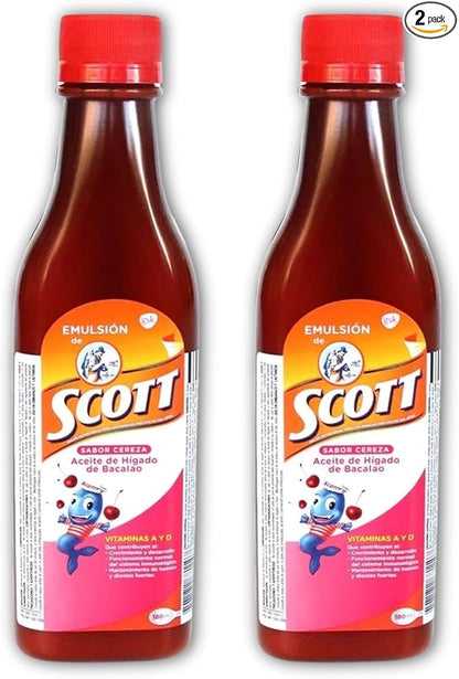 Yahve - Emulsion de Scott Aceite de hígado de bacalao sabor Cereza - Pack de 2 de 6.1 fl oz - 180 ml - Suplemento dietético para niños con vitamina A y Calcio.