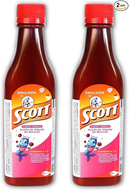 Yahve - Emulsion de Scott Aceite de hígado de bacalao sabor Cereza - Pack de 2 de 6.1 fl oz - 180 ml - Suplemento dietético para niños con vitamina A y Calcio.