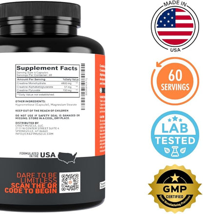 Crazy Muscle Creatine Capsules, 5g of Premium 3X ThreeAtine Pre Workout Bulk Mass Gainer, High Absorption Easy to Take Creatine Monohydrate, Optimum Performance for Men Women, 360 Capsules