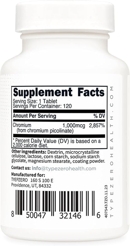 Type Zero Clean Chromium Picolinate Tablets (120 Servings, 1,000 MCG Per Serving) - Non-GMO, Gluten Free