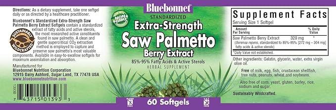 BlueBonnet Extra Strength Saw Palmetto Berry Extract Supplement, 60 Count