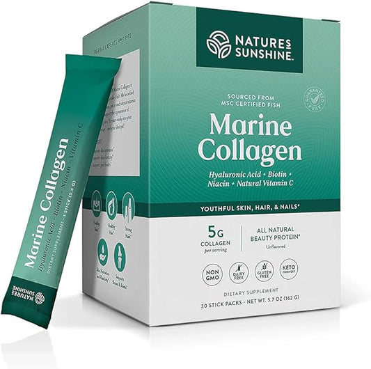 Nature's Sunshine Marine Collagen - Premium Wild-Caught Alaskan Pollock Collagen Powder - Unflavored to-Go Sticks to Support Radiant Skin and Healthy Joints