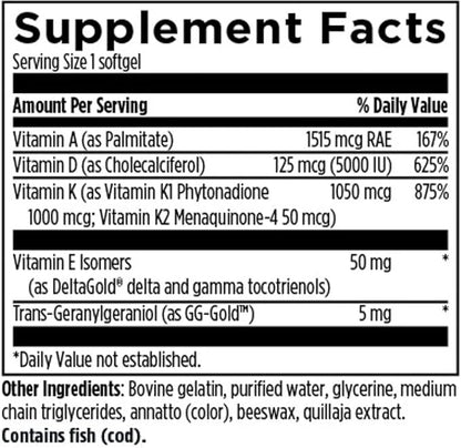 Vitamin D Complex | D3 5000IU with Vitamin A, E (tocopherols and tocotrienols), K1 + K2 | Fat Soluble Vitamins Blend | 60 Softgels