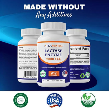 Vitamatic Lactase Enzyme 9000 FCC 240 Tablets - Lactose Intolerance Relief Caplets