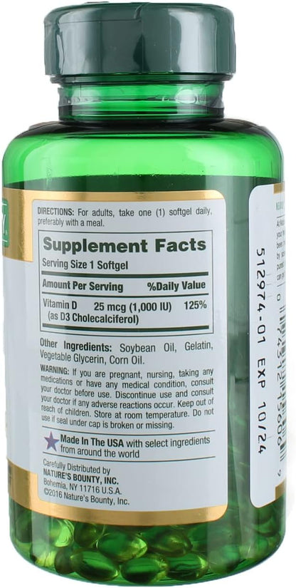 Nature's Bounty Vitamin D3-1000 IU, Rapid Release Softgels, 250 Count (Pack of 3)