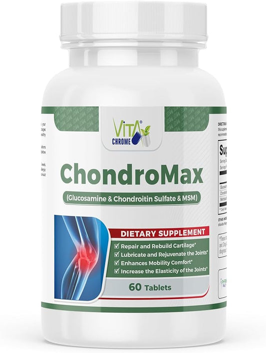 ChondroMax Glucosamine Chondroitin+ MSM for Hands Back Knee & Joint Health for Men & Women - Gluten-Free Non-GMO Supplement - Made in USA - 60 Tablets.