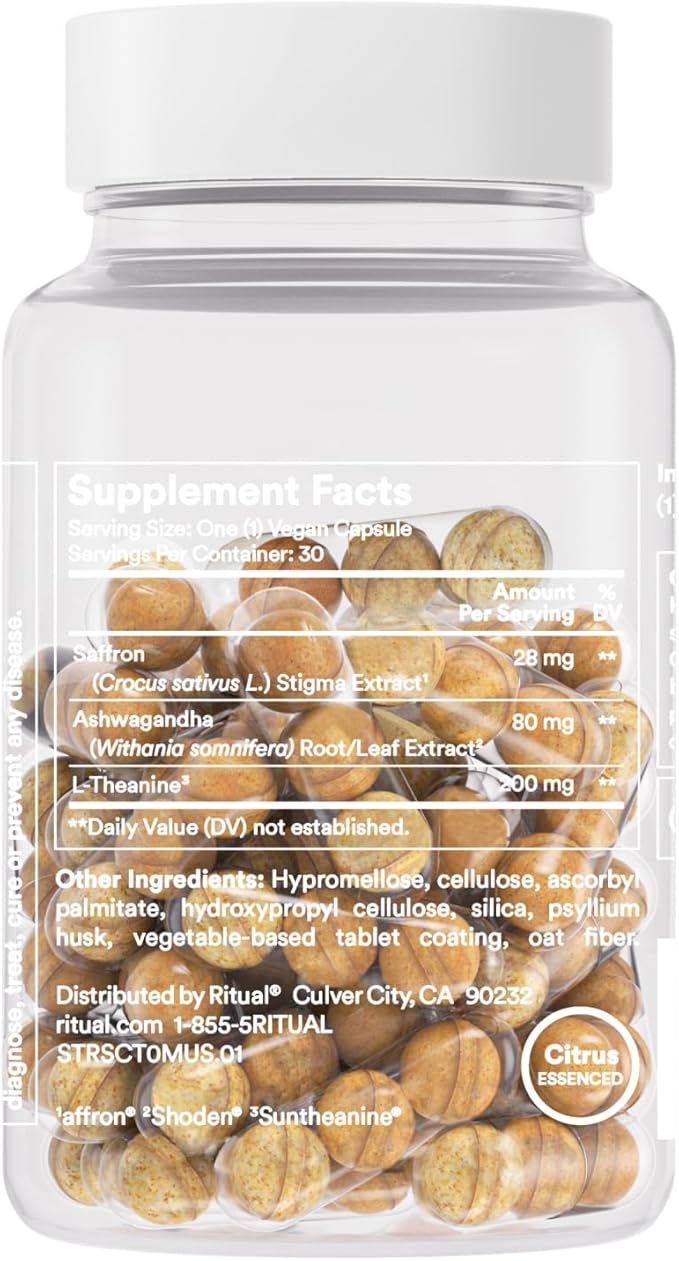 Ritual Stress Relief Supplement BioSeries with 8-Hour Release to Support Natural Cortisol Response and Promote Calm (Shoden® Ashwagandha, Suntheanine® L-Theanine, and Saffron as affron®*) 30 Day