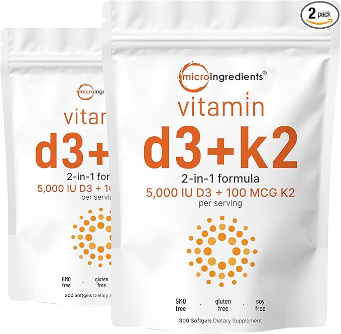 2 Pack Vitamin D3 5000IU Plus K2, 2 in 1 Formula, Vitamin D3 Liquid with Vitamin K2, 300 Soft-Gels, Immune Vitamin Complex with Virgin Sunflower Seed Oil, Support Your Heart, Teeth & Joint Health