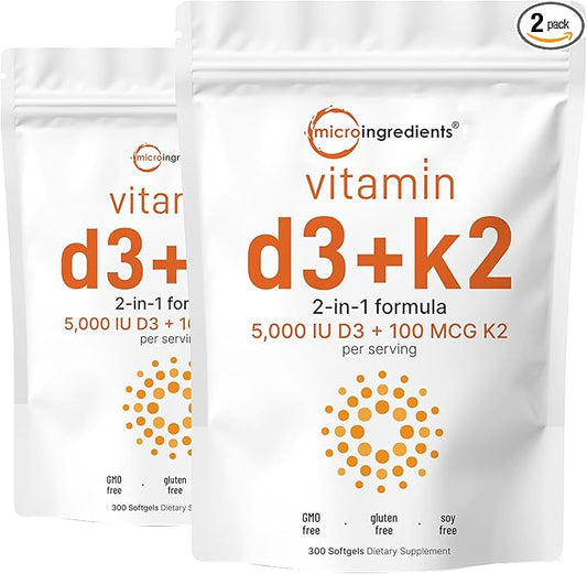 2 Pack Vitamin D3 5000IU Plus K2, 2 in 1 Formula, Vitamin D3 Liquid with Vitamin K2, 300 Soft-Gels, Immune Vitamin Complex with Virgin Sunflower Seed Oil, Support Your Heart, Teeth & Joint Health