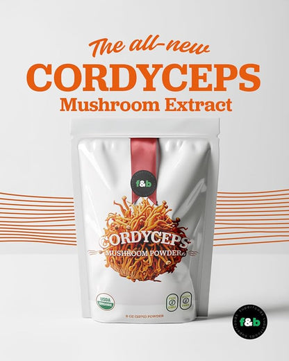 f&b superfoods Organic Cordyceps Mushroom Extract Powder, 8 Ounces | Fruit Body & Mycelium Extract | Active Polysaccharides & Cordycepic Acid | Supports Energy & Immune Health