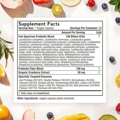 Doctor's Recipes Probiotics for Women, 100 Billion CFU 32 Strains, with Prebiotic Fiber, Enzymes & Cranberry, Vaginal Urinary Digestive & Immune, No Yeast, Shelf Stable, Delayed Release, 30 Caps