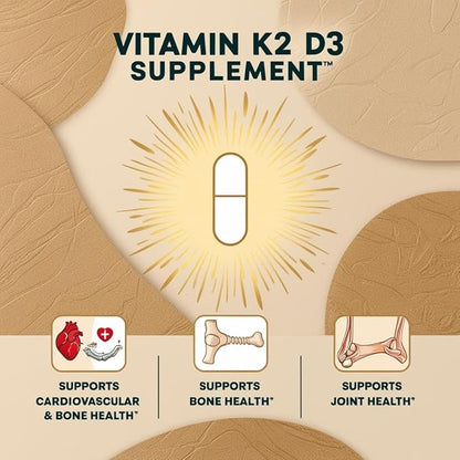 Vitamin K2-D3 2 in 1 Support – 200mg Per Serving – Heart Health, Immune Support & Blood Circulation – 60 Capsules – Gluten-Free, Vegan, Non-GMO, Hormone-Free (1)
