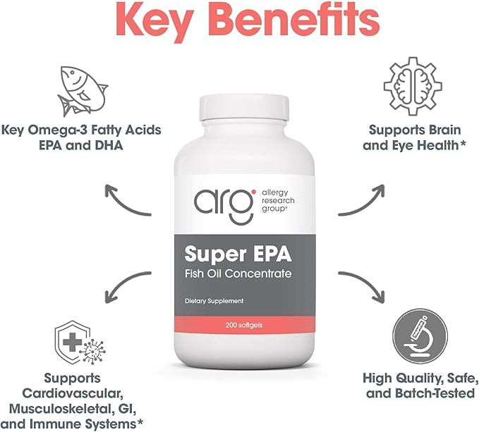 Allergy Research Group Super EPA - Omega 3 Supplement, Fish Oil Concentrate, EPA, DHA, Omega 3 Fatty Acids, Sustainably-Sourced Anchovies, Softgels - 200 Count