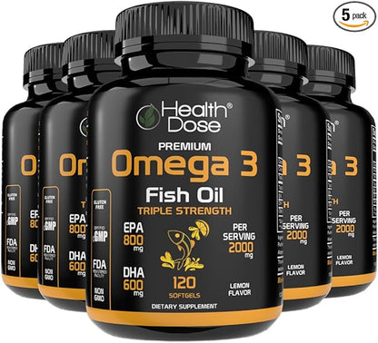 Omega 3 Fish Oil – Lemon-Flavored Softgels with EPA & DHA for Brain, Heart, and Wellness Support – Easy-to-Digest, No Fish Burps – 120 Softgels, Pack of 5