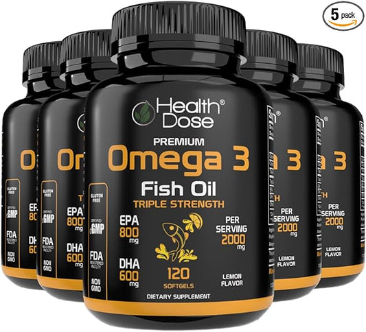 Omega 3 Fish Oil – Lemon-Flavored Softgels with EPA & DHA for Brain, Heart, and Wellness Support – Easy-to-Digest, No Fish Burps – 120 Softgels, Pack of 5