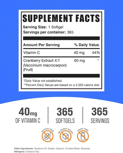 BulkSupplements.com Cranberry with Vitamin C Softgels - Antioxidants Supplement, 40mg of Vitamin C - Gluten Free, 1 Softgel per Serving, 365 Count (Pack of 1)