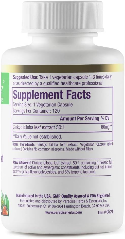 Paradise Herbs Ginkgo Biloba Extract, Super Potent, Ultra Pure, Vegan, Non GMO, Gluten Free, 120 Vegetarian Capsules
