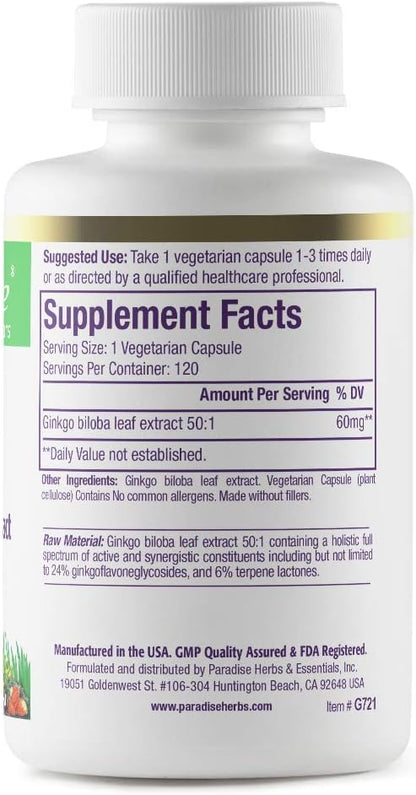 Paradise Herbs Ginkgo Biloba Extract, Super Potent, Ultra Pure, Vegan, Non GMO, Gluten Free, 120 Vegetarian Capsules