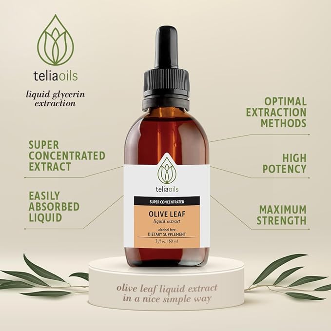 Teliaoils Premium Greek Olive Leaf Glycerin Extract, Rich in Antioxidant Oleuropein, Pure and Potent, Non-GMO, Vegan, Gluten-Free, Easy-to-Use, Alcohol-Free 2 fl oz. (60ml)