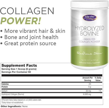 Life-Flo Hydrolyzed Bovine Collagen, Grass Fed | Supports Vibrant Skin & Hair, Bone & Joint Health | 12.7oz, 60 Serv.